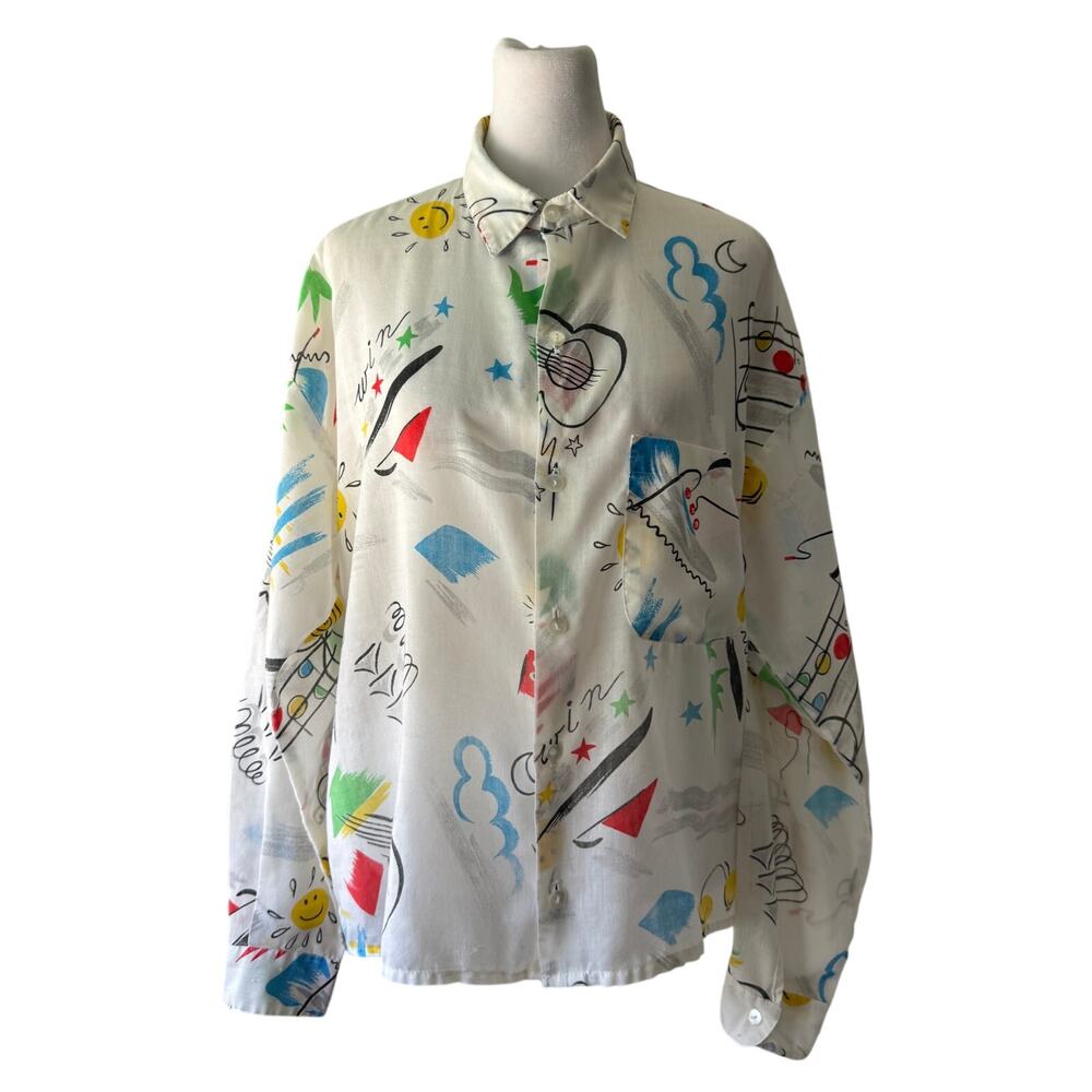 Vintage ‘80s Samster Music-Themed Button Front Blouse Made in Paris